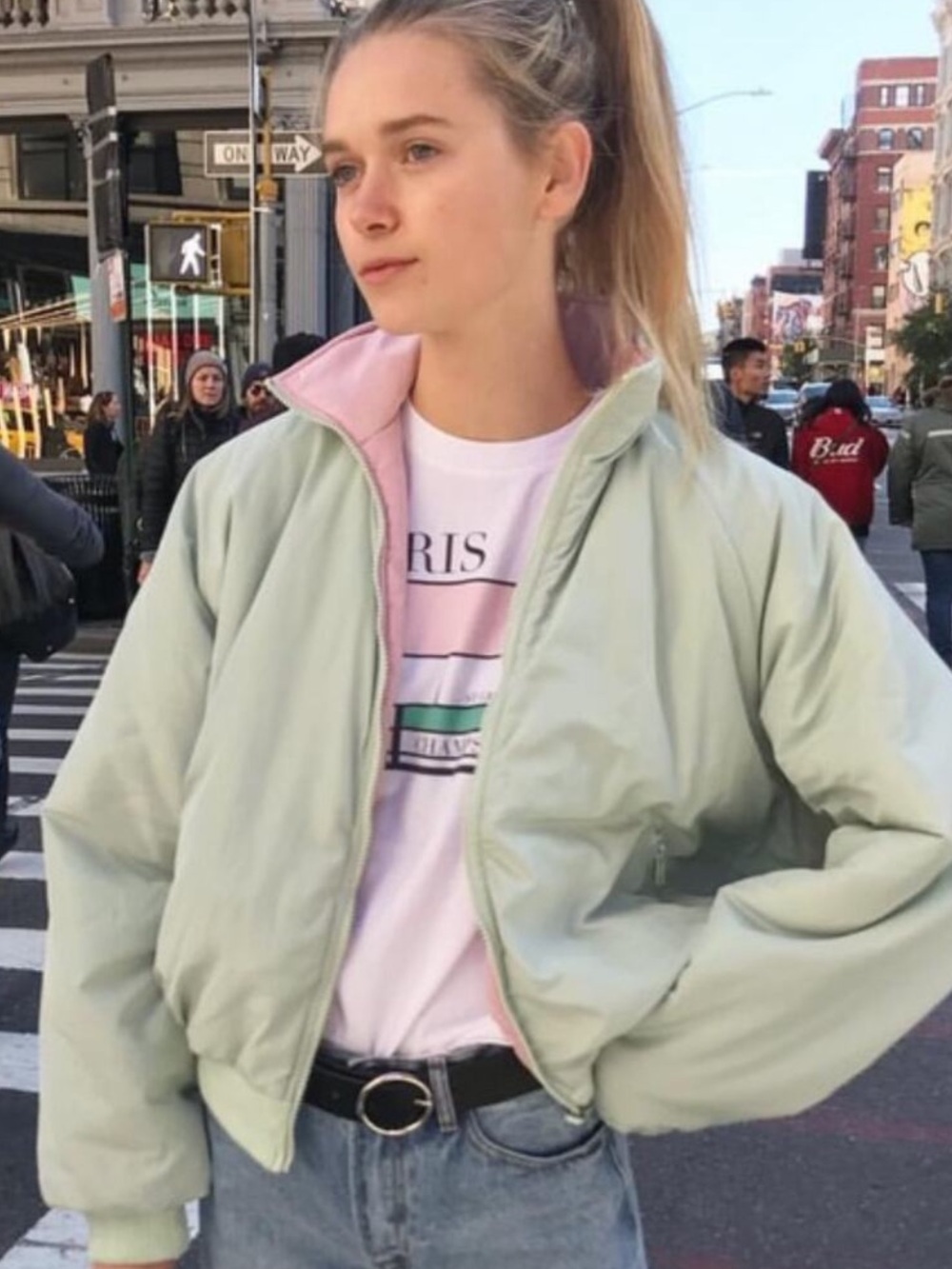 Brandy Melville Faith Reversible Green Bomber with Pink Lining